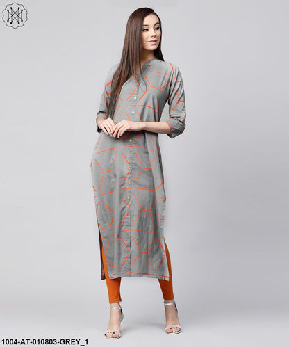 Grey Printed 3/4Th Sleeve Cotton Front Open Kurta