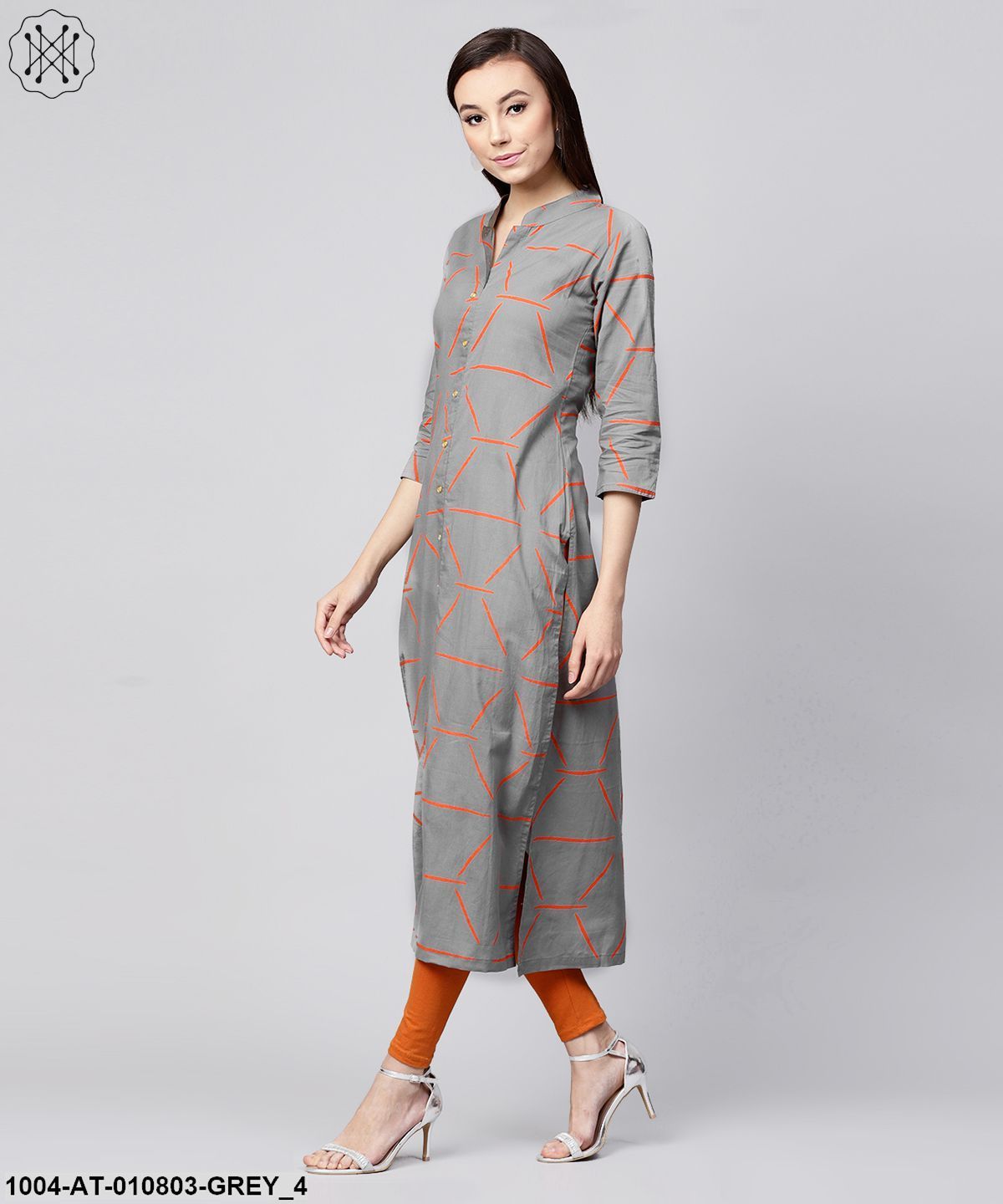 Grey Printed 3/4Th Sleeve Cotton Front Open Kurta