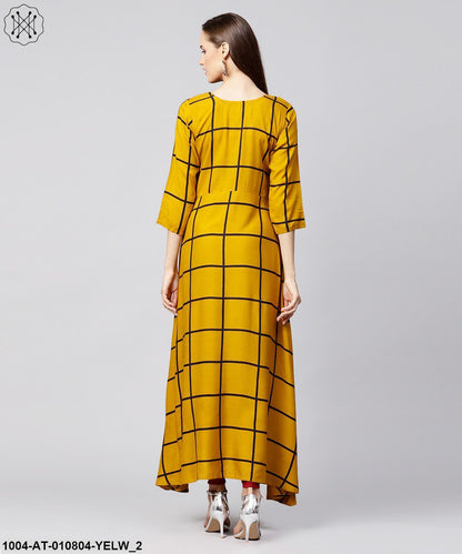 Yellow Checked 3/4Th Sleeve Cotton A-Line Kurta