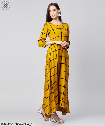 Yellow Checked 3/4Th Sleeve Cotton A-Line Kurta