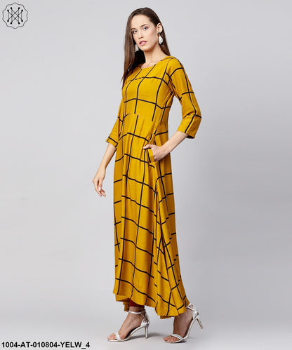 Yellow Checked 3/4Th Sleeve Cotton A-Line Kurta