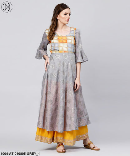 Grey Banglori Printed 3/4Th Sleeve Cotton Anarkali Kurta