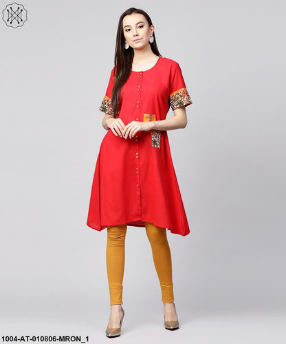 Maroon Half Slevee Cotton Front Open Kurta With Pocket On Left Side