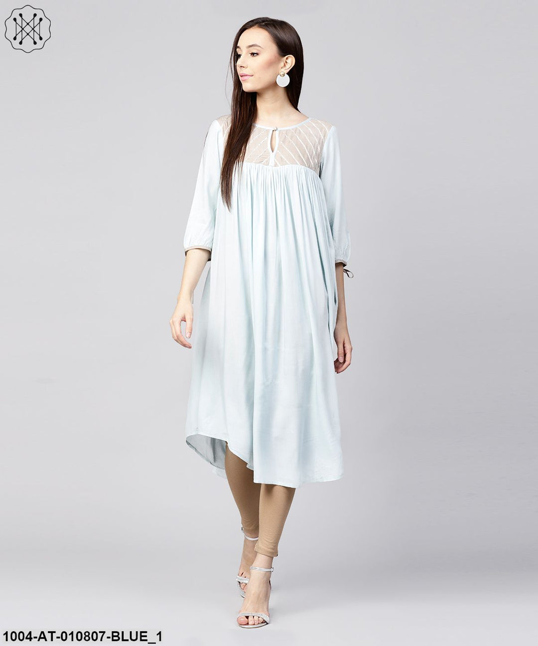 Blue 3/4Th Sleeve Rayon Low High A-Line Kurta