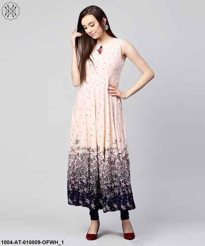 Off White Printed Sleeveless Rayon Anarkali Kurta