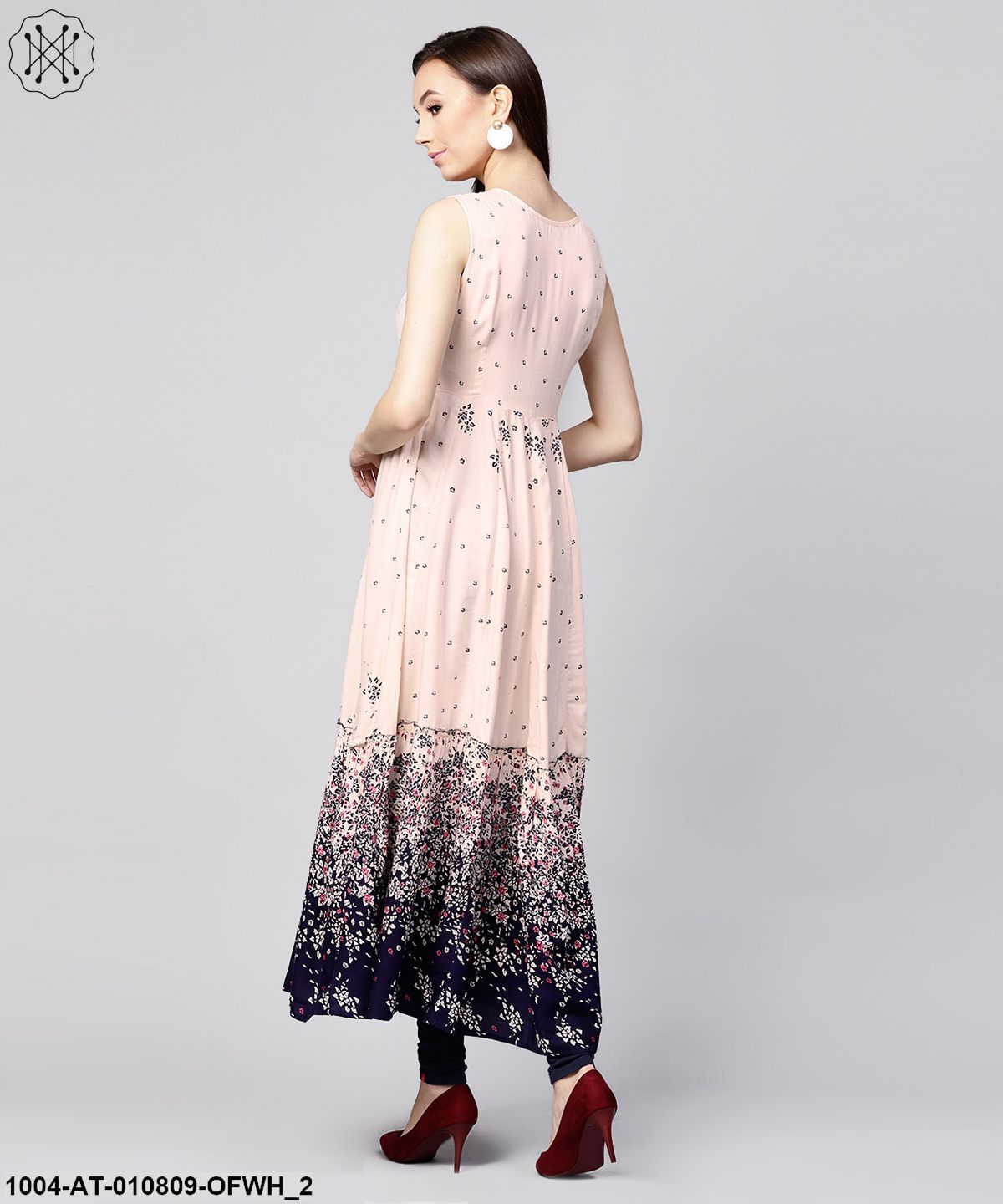 Off White Printed Sleeveless Rayon Anarkali Kurta