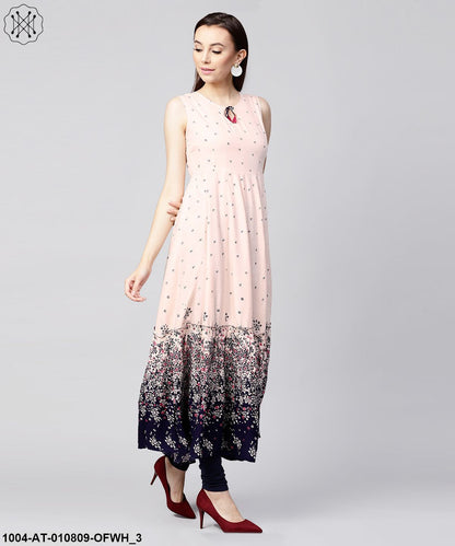 Off White Printed Sleeveless Rayon Anarkali Kurta
