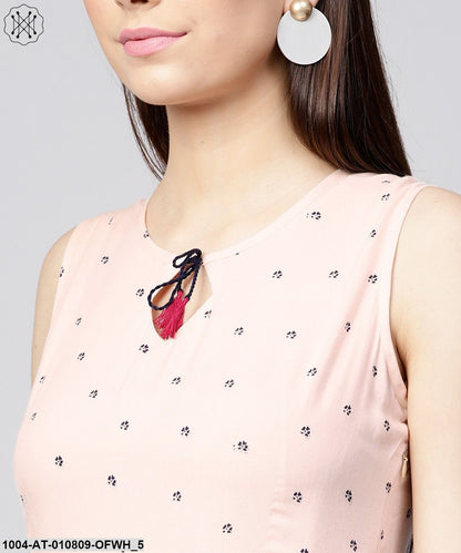Off White Printed Sleeveless Rayon Anarkali Kurta