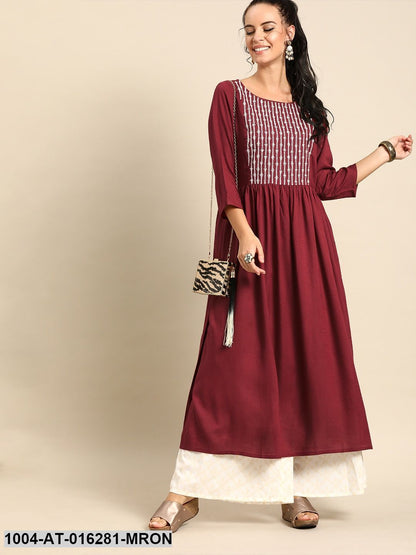 Maroon Three-Quarter Sleeves A-Line Solid Yoke Design Viscose Rayon Kurta