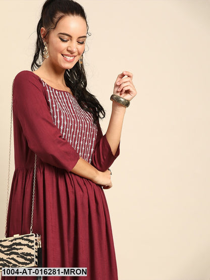 Maroon Three-Quarter Sleeves A-Line Solid Yoke Design Viscose Rayon Kurta