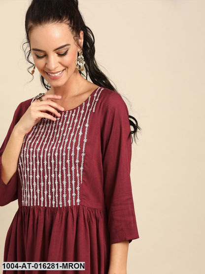 Maroon Three-Quarter Sleeves A-Line Solid Yoke Design Viscose Rayon Kurta