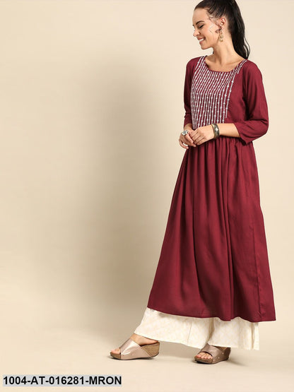 Maroon Three-Quarter Sleeves A-Line Solid Yoke Design Viscose Rayon Kurta