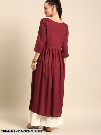 Maroon Three-Quarter Sleeves A-Line Solid Yoke Design Viscose Rayon Kurta