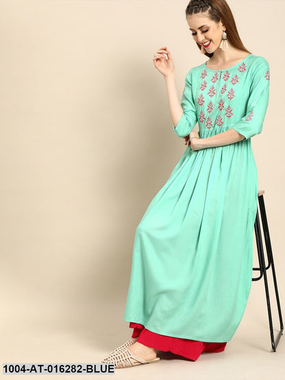 Blue Three-Quarter Sleeves A-Line Solid Yoke Design Viscose Rayon Kurta