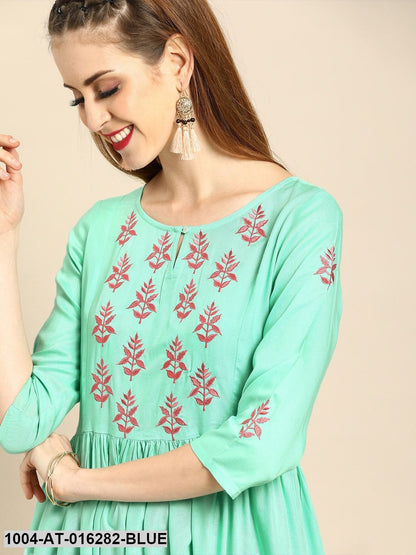 Blue Three-Quarter Sleeves A-Line Solid Yoke Design Viscose Rayon Kurta
