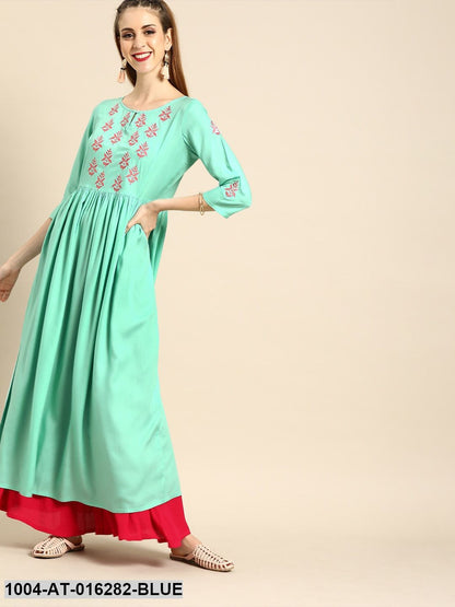 Blue Three-Quarter Sleeves A-Line Solid Yoke Design Viscose Rayon Kurta