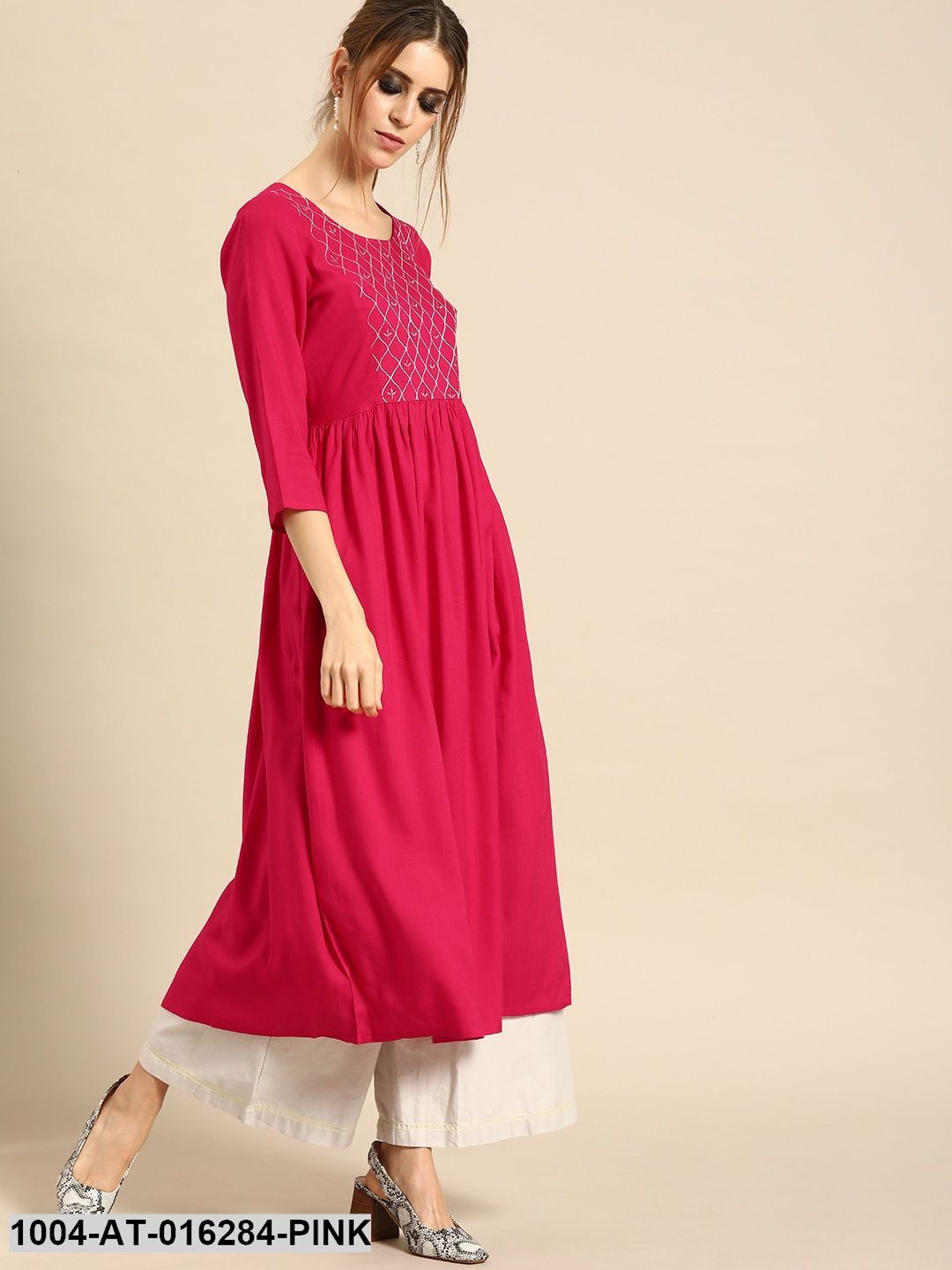 Pink Three-Quarter Sleeves A-Line Solid Solid Viscose Rayon Embroided Kurta