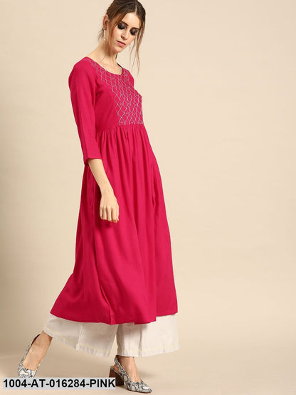 Pink Three-Quarter Sleeves A-Line Solid Solid Viscose Rayon Embroided Kurta