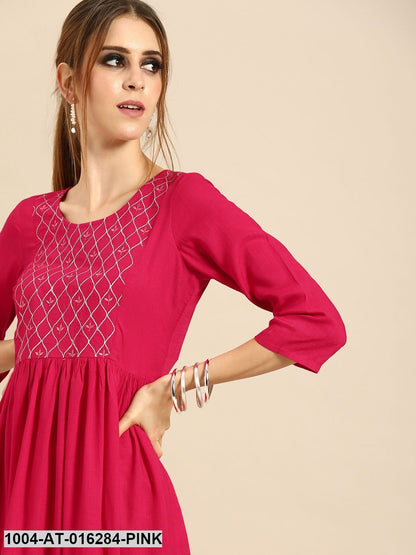 Pink Three-Quarter Sleeves A-Line Solid Solid Viscose Rayon Embroided Kurta
