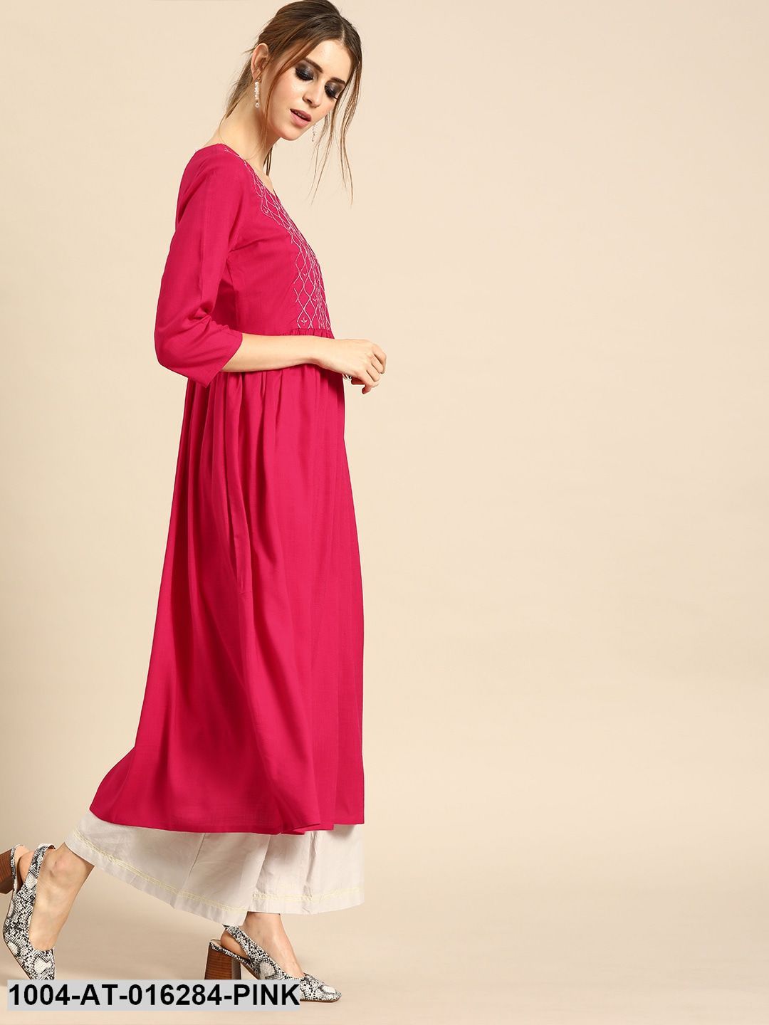 Pink Three-Quarter Sleeves A-Line Solid Solid Viscose Rayon Embroided Kurta
