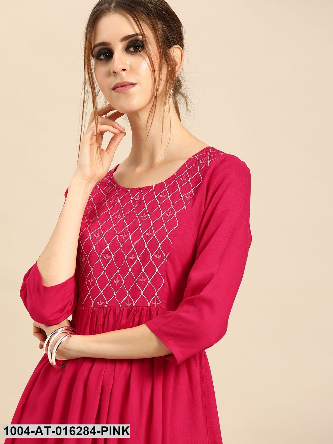 Pink Three-Quarter Sleeves A-Line Solid Solid Viscose Rayon Embroided Kurta