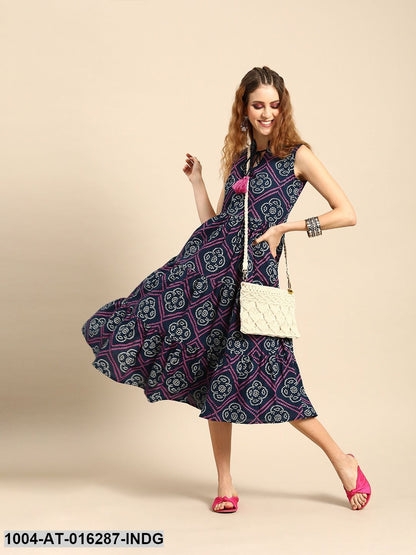 Indigo Blue Sleeveless A-Line Bandhani Printed Cotton Kurta