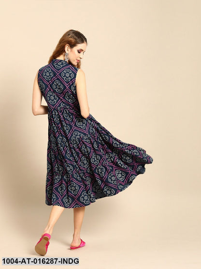 Indigo Blue Sleeveless A-Line Bandhani Printed Cotton Kurta