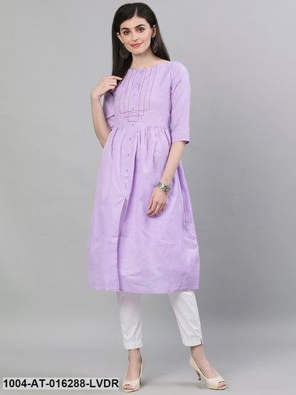 Lavender Three-Quarter Sleeves A-Line Solid Solid Cotton Kurta