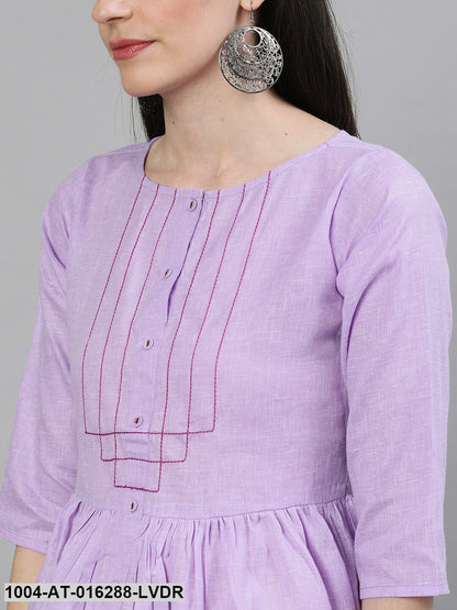 Lavender Three-Quarter Sleeves A-Line Solid Solid Cotton Kurta