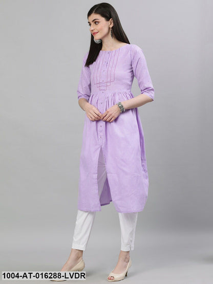 Lavender Three-Quarter Sleeves A-Line Solid Solid Cotton Kurta