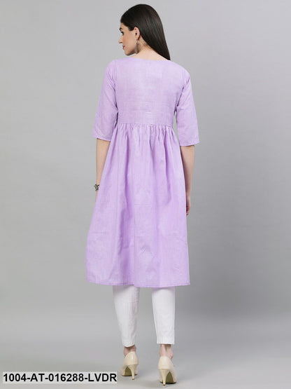 Lavender Three-Quarter Sleeves A-Line Solid Solid Cotton Kurta