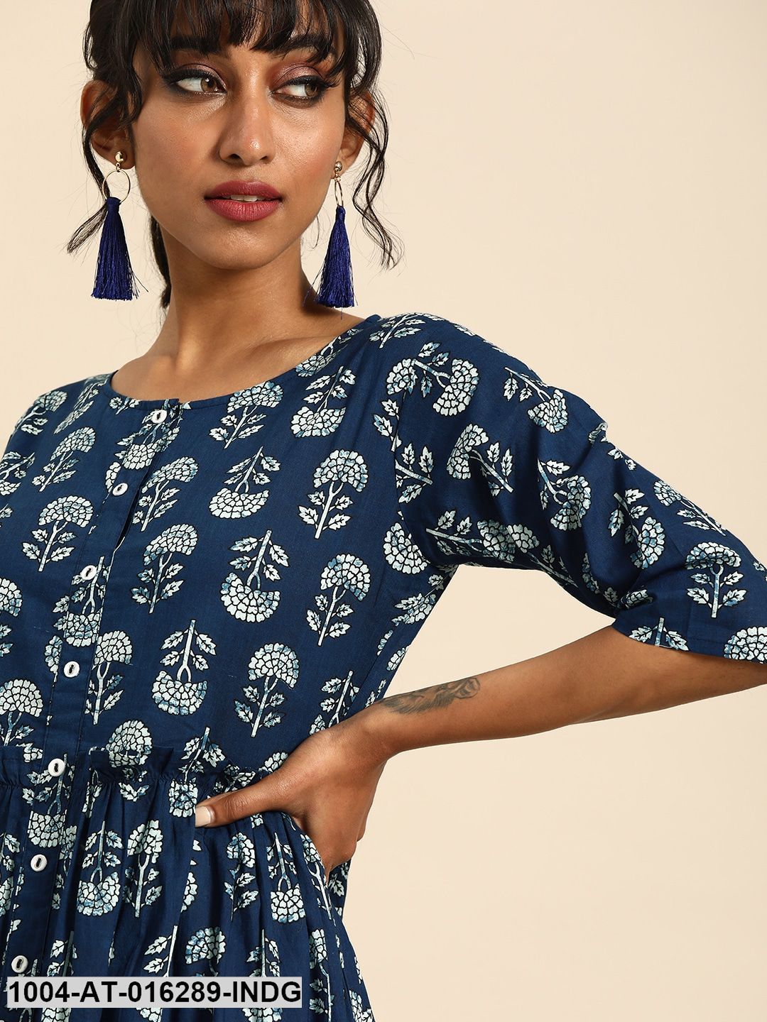 Indigo Blue Three-Quarter Sleeves A-Line Floral Printed Cotton Kurta
