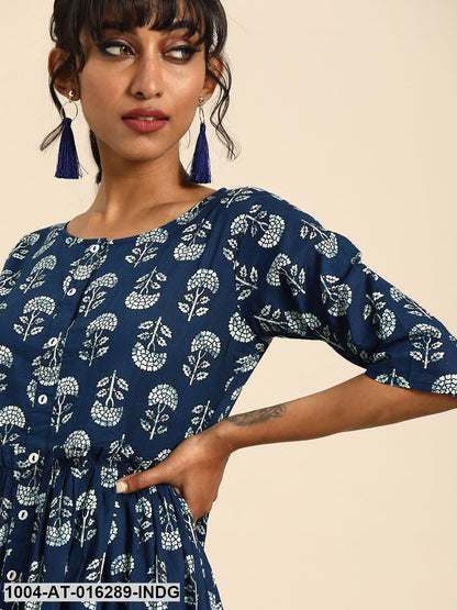 Indigo Blue Three-Quarter Sleeves A-Line Floral Printed Cotton Kurta