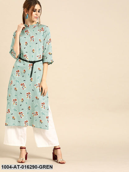 Green Three-Quarter Sleeves Straight Floral Printed Cotton Kurta