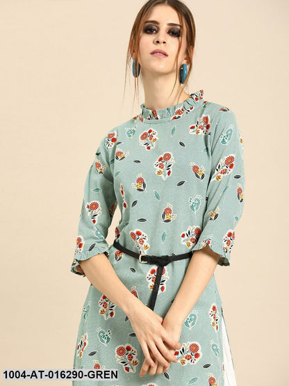 Green Three-Quarter Sleeves Straight Floral Printed Cotton Kurta