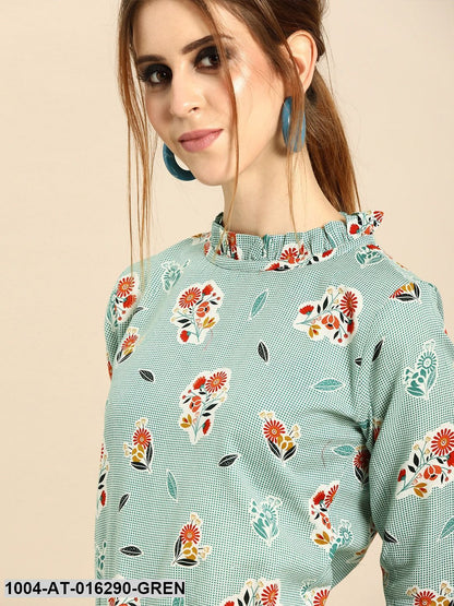 Green Three-Quarter Sleeves Straight Floral Printed Cotton Kurta