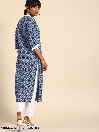 Indigo Blue Three-Quarter Sleeves Straight Ethnic Motifs Printed Cotton Kurta
