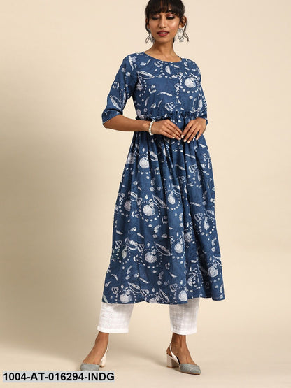 Indigo Blue Three-Quarter Sleeves A-Line Quirky Printed Cotton Kurta