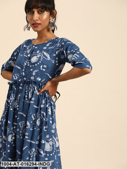 Indigo Blue Three-Quarter Sleeves A-Line Quirky Printed Cotton Kurta