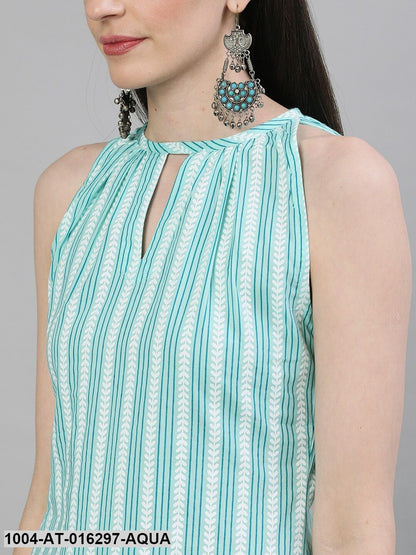 Aqua Green Sleeveless Straight Striped Printed Cotton Kurta