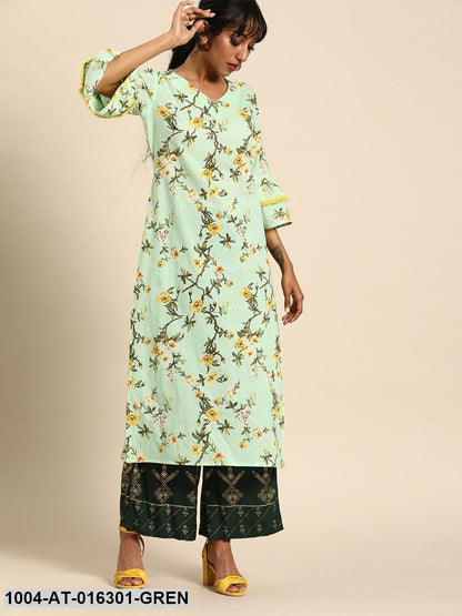 Green Three-Quarter Sleeves A-Line Floral Printed Cotton Kurta