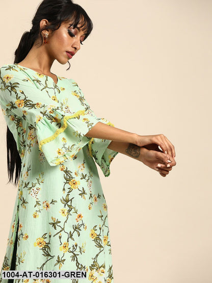 Green Three-Quarter Sleeves A-Line Floral Printed Cotton Kurta