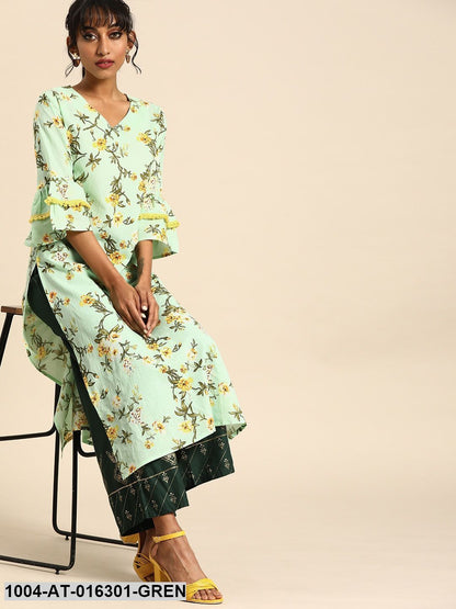 Green Three-Quarter Sleeves A-Line Floral Printed Cotton Kurta