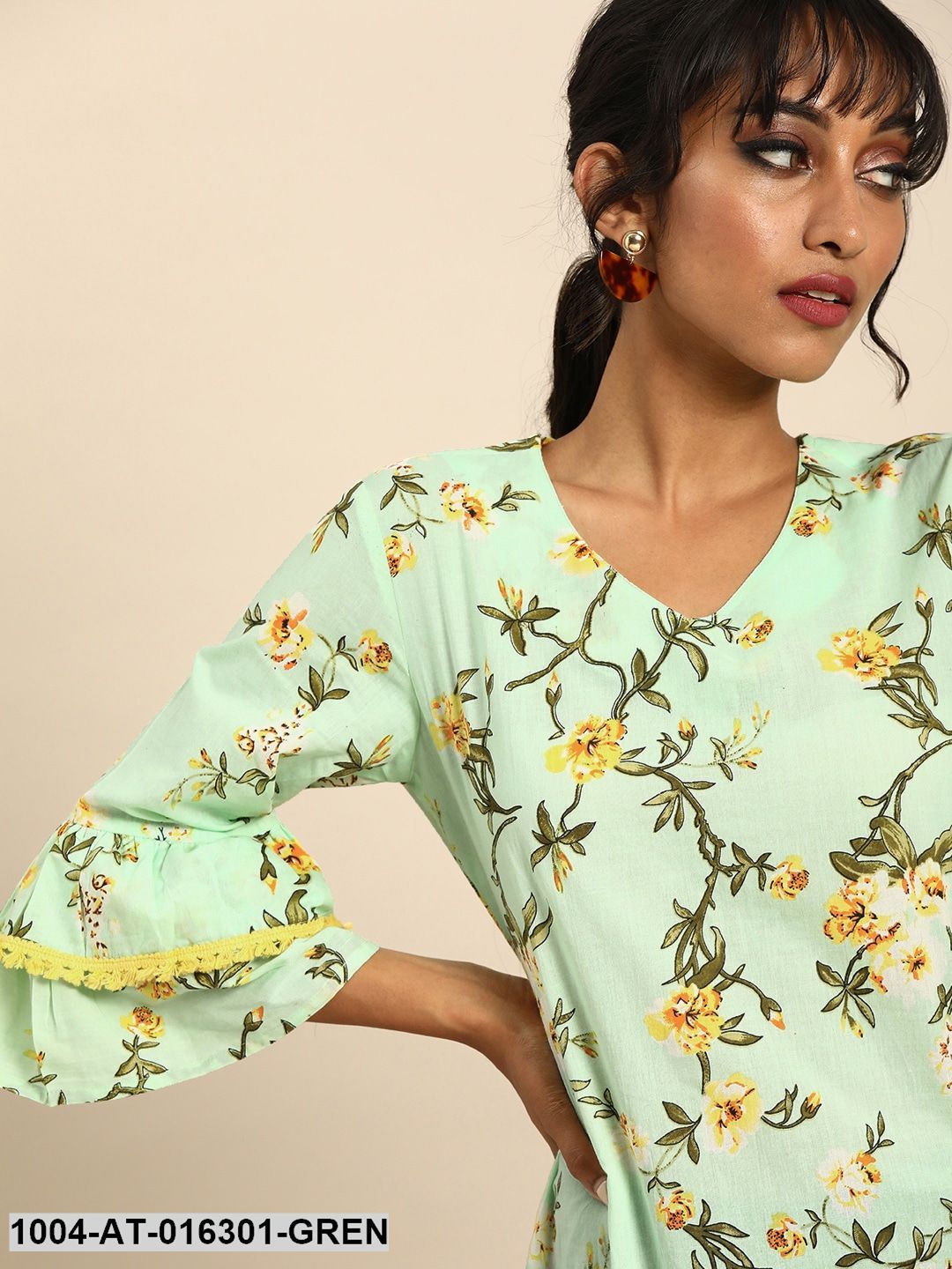 Green Three-Quarter Sleeves A-Line Floral Printed Cotton Kurta