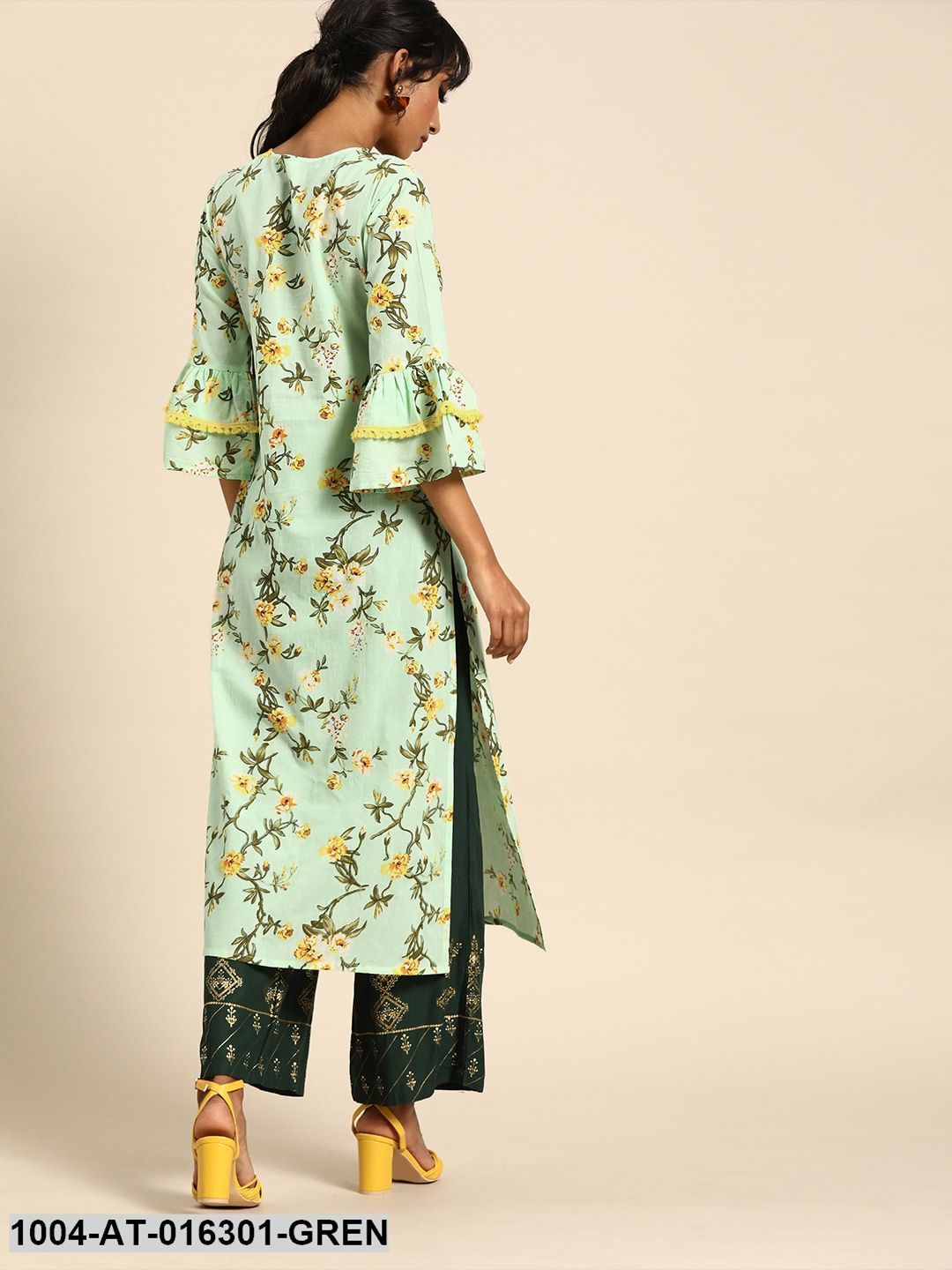 Green Three-Quarter Sleeves A-Line Floral Printed Cotton Kurta