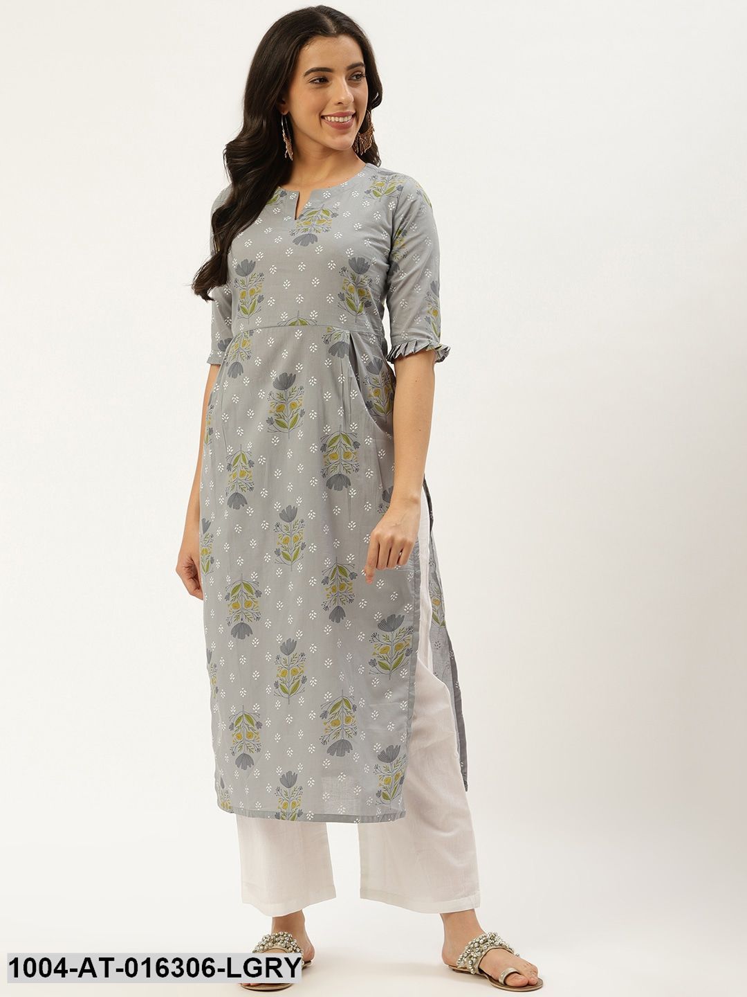 Light Grey Three-Quarter Sleeves Straight Floral Cotton Kurta