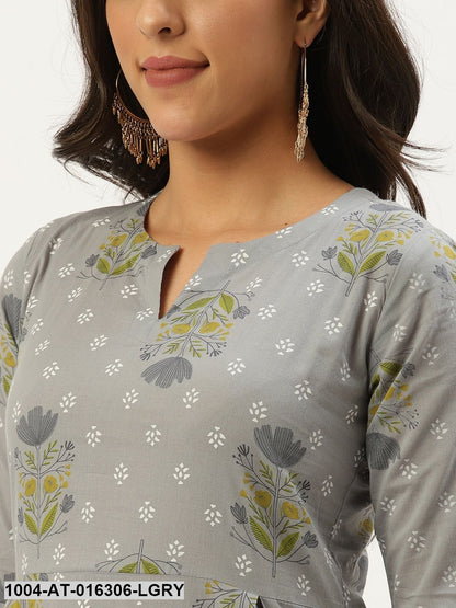 Light Grey Three-Quarter Sleeves Straight Floral Cotton Kurta