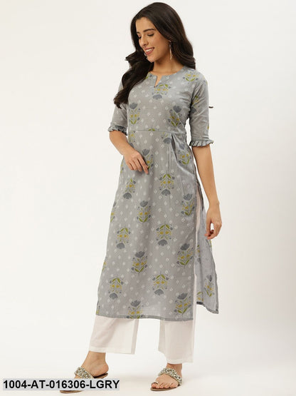 Light Grey Three-Quarter Sleeves Straight Floral Cotton Kurta