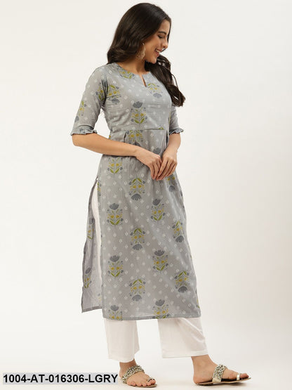 Light Grey Three-Quarter Sleeves Straight Floral Cotton Kurta