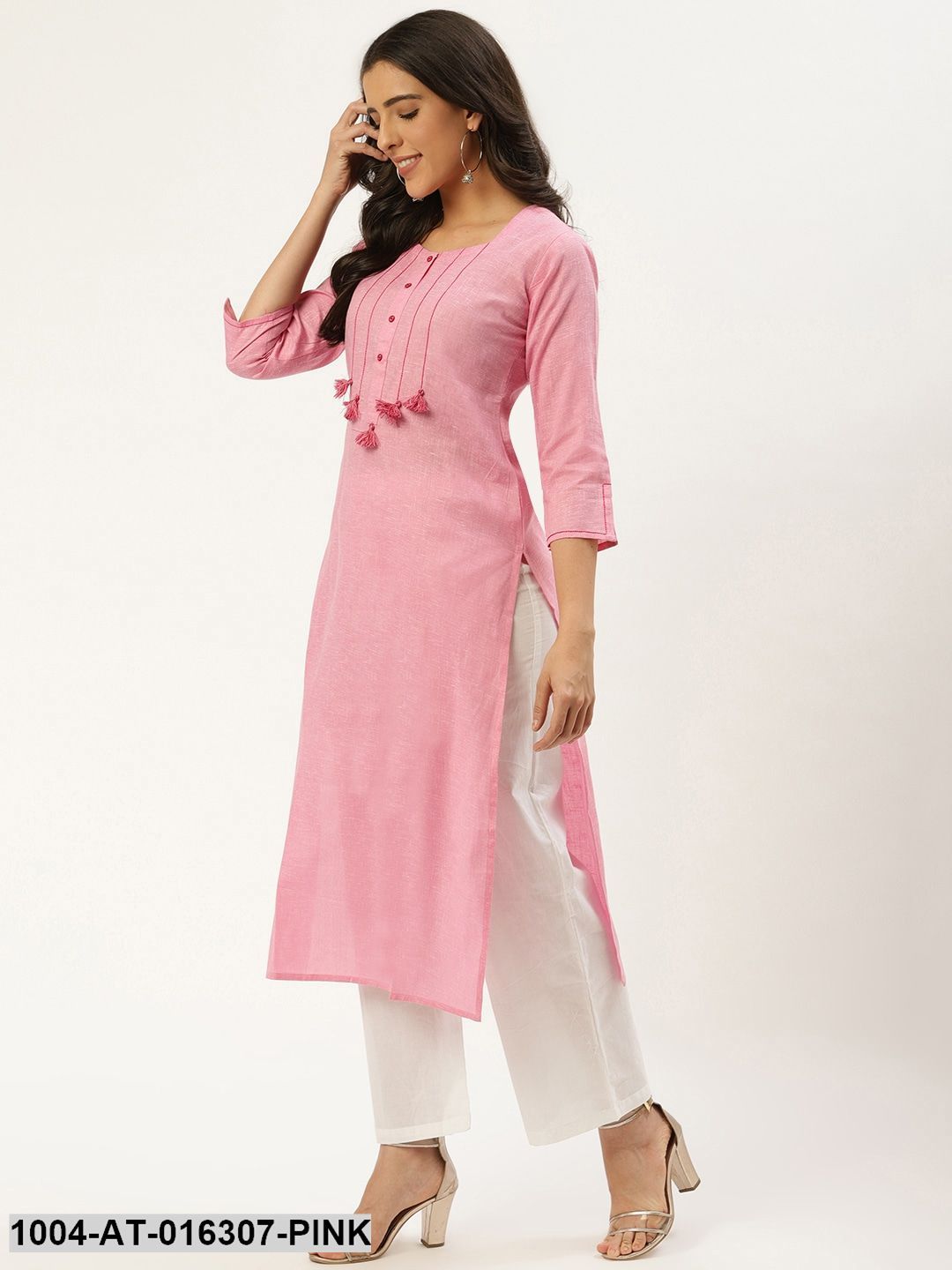 Pink Three-Quarter Sleeves Straight Solid Cotton Kurta